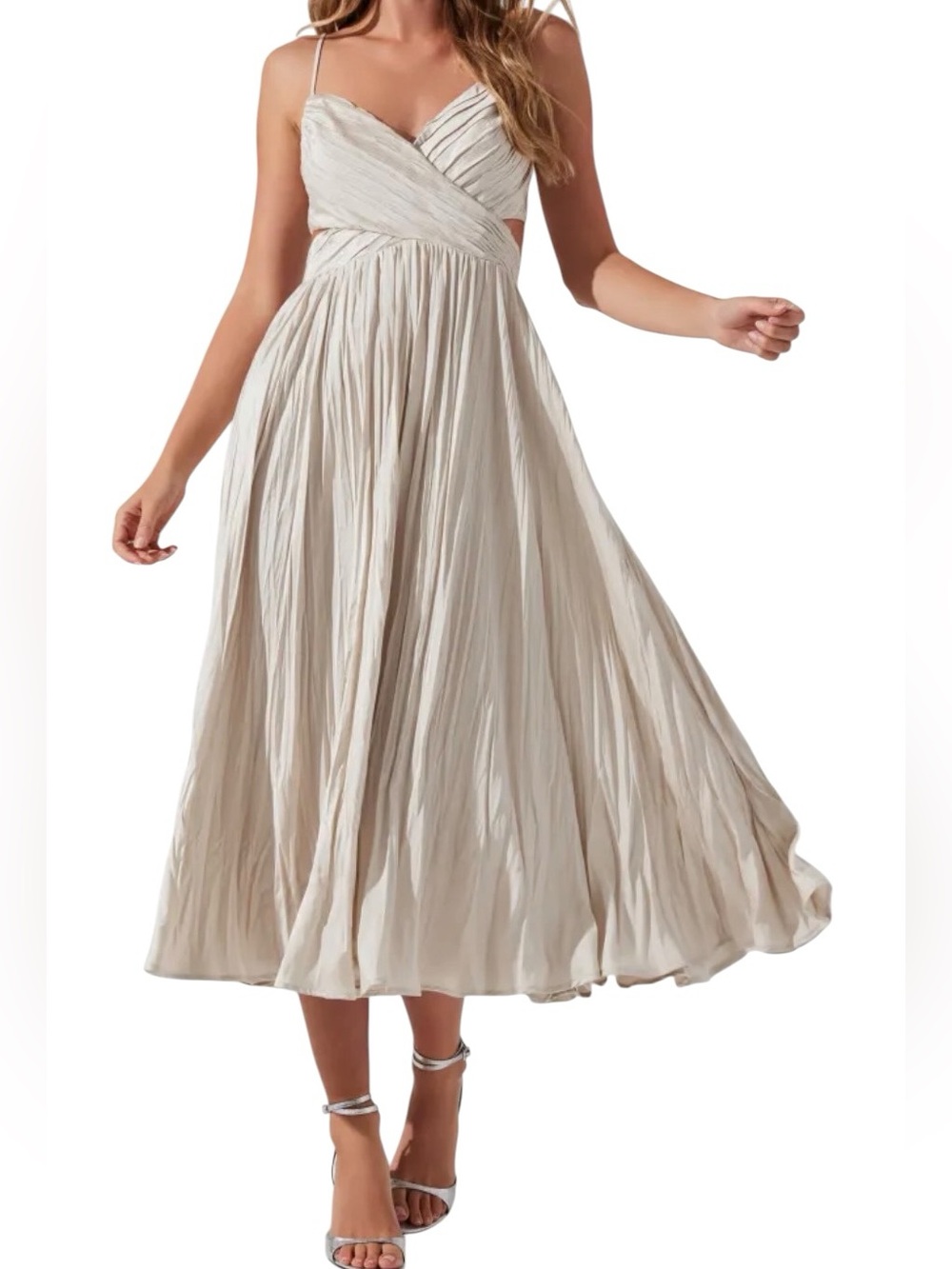 ASTR | Champagne Capitola Pleated Midi Dress size S Sleeveless V-Neck Cutouts